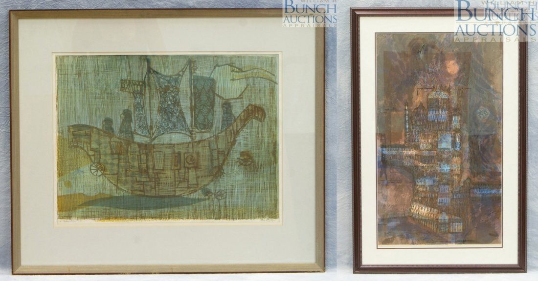 (2) Prints, AP Baker, American, AP, lithograph, 7: (2) Prints, AP Baker, American, AP, lithograph, 7/16, 14" x 19", Dorothy Bowman, American, b 1927, limited edition silkscreen, "City with Happiness #2", edition of 75, 1962, 33 1/2 x 19 3/4"