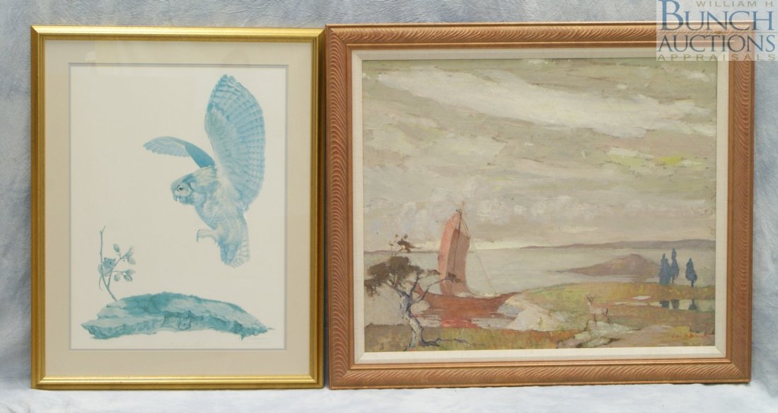 (2) items, Lester Boranda, oil on canvas, "Shores: (2) items, Lester Boranda, oil on canvas, "Shores Antique", 30 1/4" x 36 1/2", Louise Brevoort, American, watercolor, "Great Horned Owl", 22" x 30"