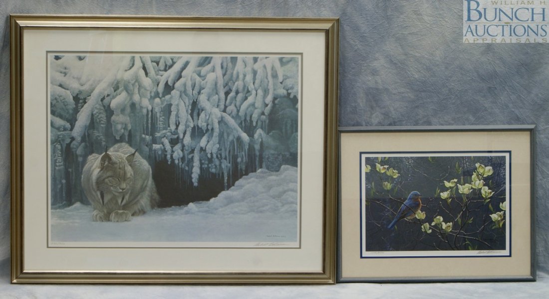 (2) Robert Bateman lithographs, Canadian, b 1930,: (2) Robert Bateman lithographs, Canadian, b 1930, limited edition lithograph, "Bluebird & Blossoms", 1108/4500, 12 1/2" x 17 3/4", limited edition lithograph, "Dozing Lynx" 236/950, 26 3/4" x 34 1/4"