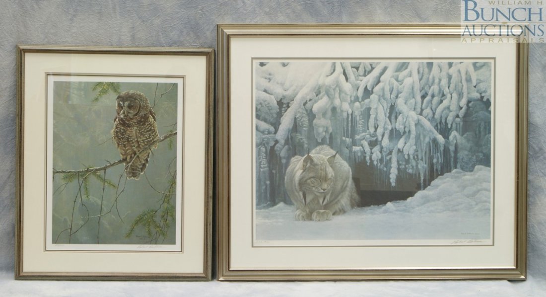 (2) Robert Bateman lithographs, Canadian, b 1930,: (2) Robert Bateman lithographs, Canadian, b 1930, limited edition lithograph, "Dozing Lynx", 238/950, 26 3/4" x 34 1/4", limited edition lithograph, "Continuing Generations - Spotted Owls", 199/950, 2