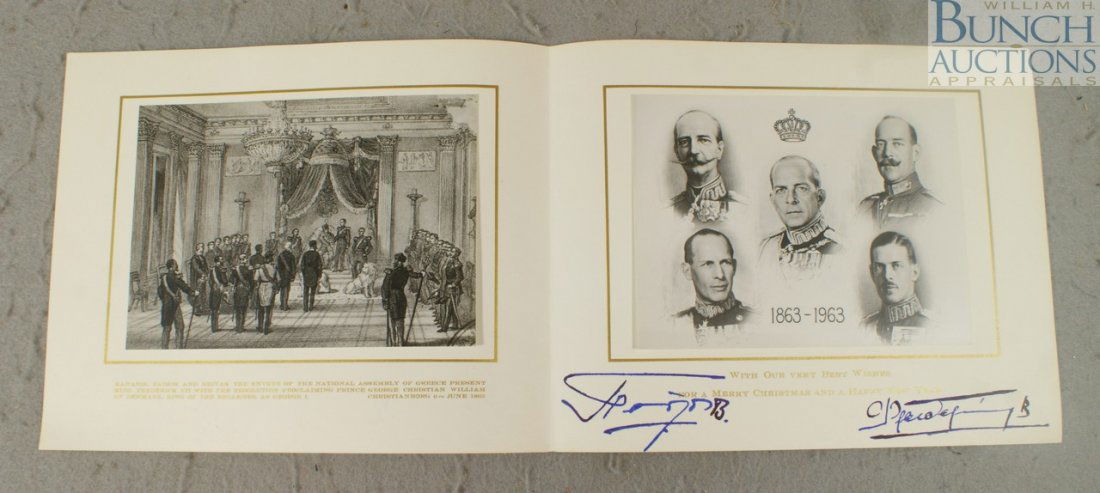Greek Royal Christmas Card, sent and signed: Greek Royal Christmas Card, sent and signed by Their Majesties King Paul and Queen Frederika of Greece, commemorating the 100th anniversary of the Founding of the Greek Royal Dynasty