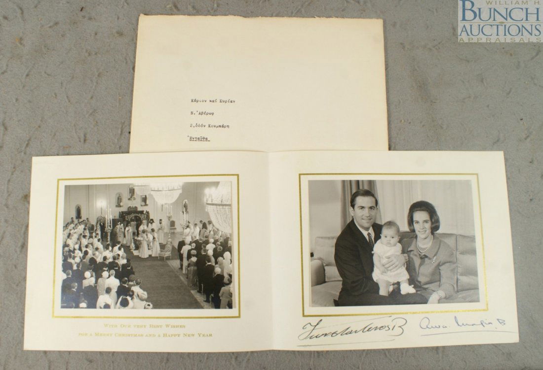 Greek Royal Christmas Card sent following the bap: Greek Royal Christmas Card sent following the baptism of Crown Prince Pavlos, Photo on the left depicting the baptismal ceremony with the Dowager Queen Frederika and Queen Anne-Marie holding the Crown