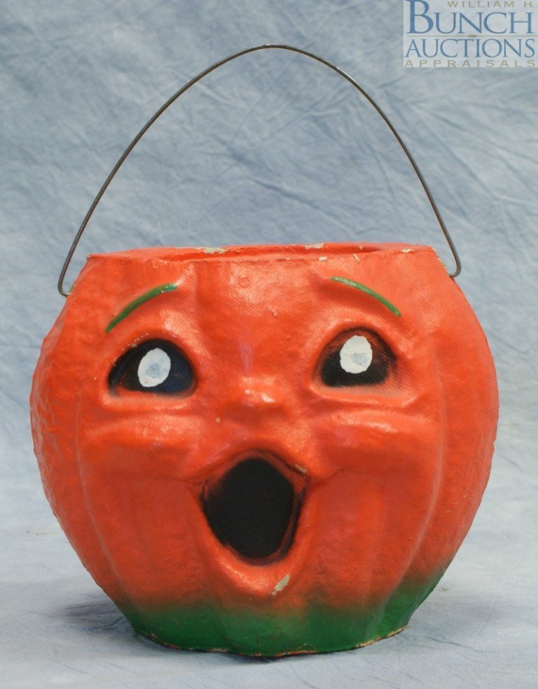 Papier-mâché Halloween Jack O Lantern, painted fa: Papier-mâché Halloween Jack O Lantern, painted face, mid 1950's, 5" high