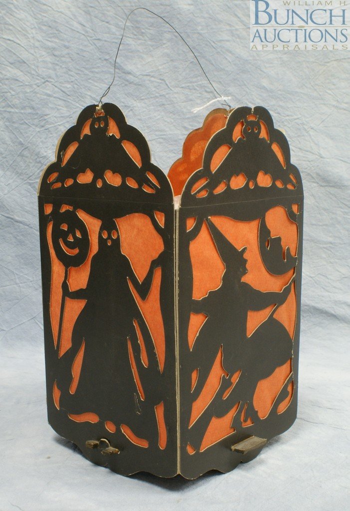 Halloween four sided cardboard lantern, possibly: Halloween four sided cardboard lantern, possibly Beistle, original paper insert, 1920-30's, 10" high