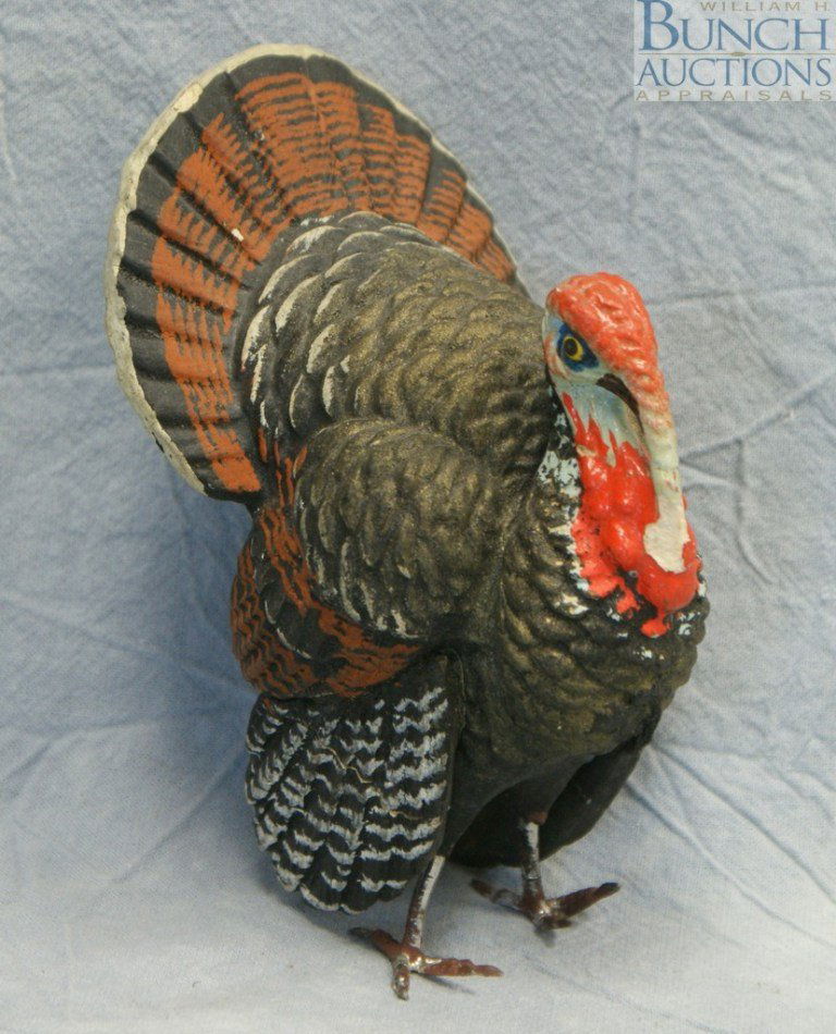 German Papier-mâché Turkey candy container, c 193: German Papier-mâché Turkey candy container, c 1930's, 4" high