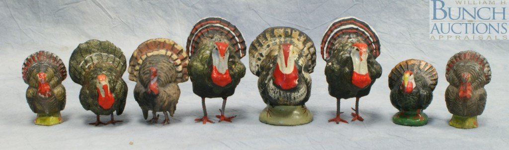 Lot of (8) holiday plaster and hand painted Turke: Lot of (8) holiday plaster and hand painted Turkey's, 1 marked Germany, 1 marked Italy, 3 marked Japan, remaining possibly German, c 1930-40's, 2 1/2" tallest