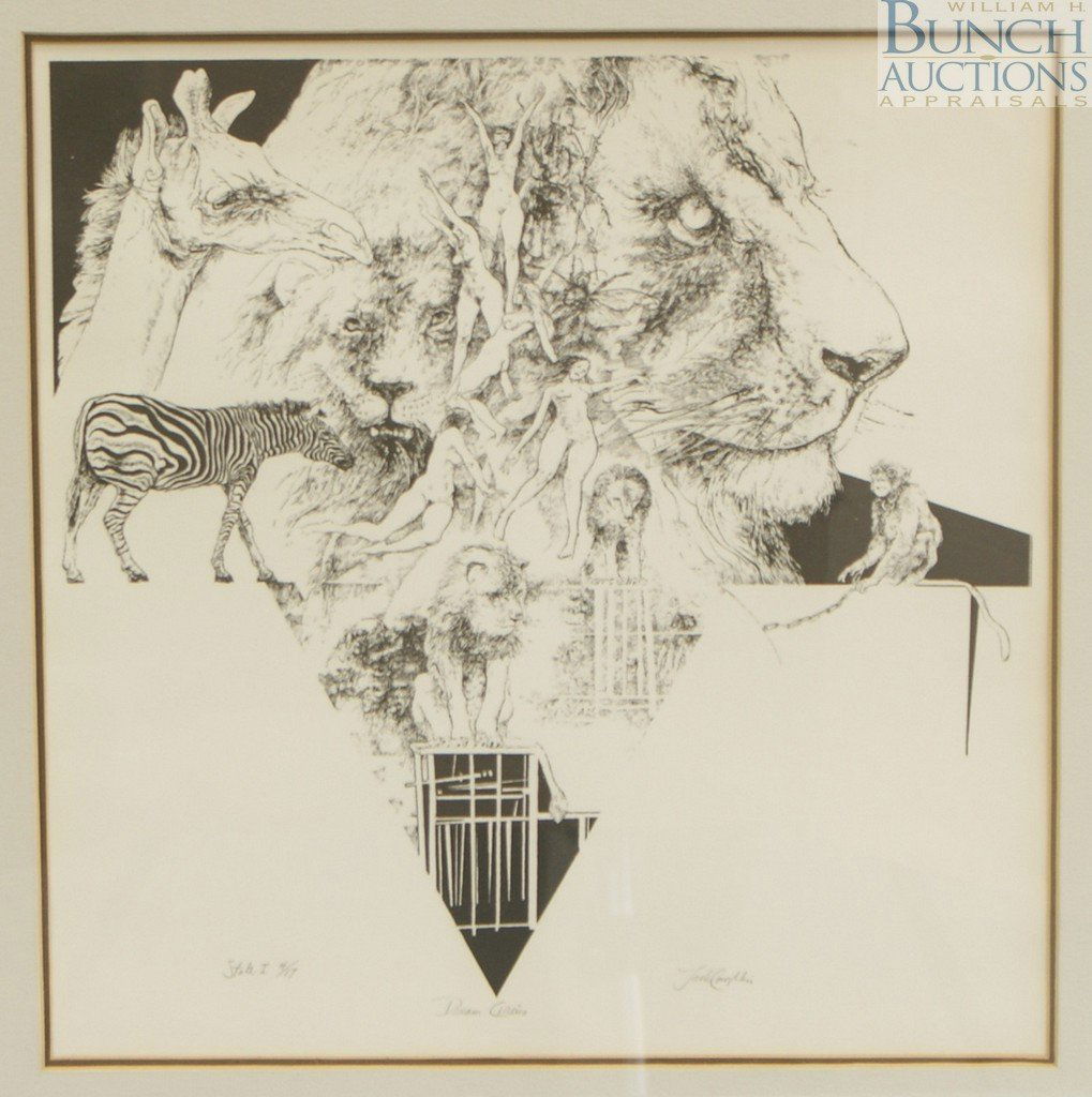 Jack Davis Coughlin, American, b 1932, etching, 1: Jack Davis Coughlin, American, b 1932, etching, 12" x 12", Dream Circus, 1st State, 4/17,