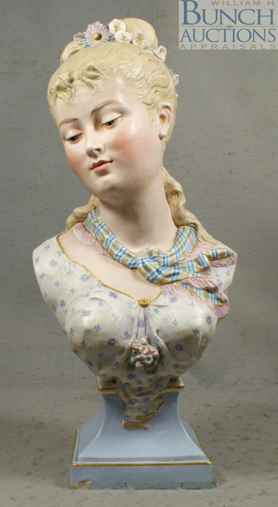 Continental bisque porcelain bust: Continental bisque porcelain bust of a young maiden, impressed "MF / 89" inside base, small chip on left front of base, also right rear underside of base, 20 1/2" tall