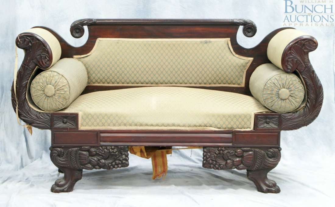 American Empire settee: American Empire settee, fruit-filled cornucopia and paw feet, 36" h x 65" w