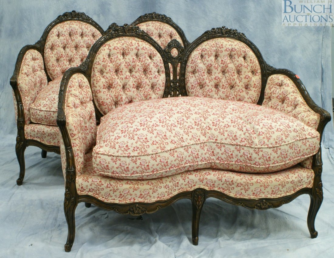 Pair of Louis XV style settees with tufted back: Pair of Louis XV style settees with tufted backs, 48" w x 36" h x 28" d