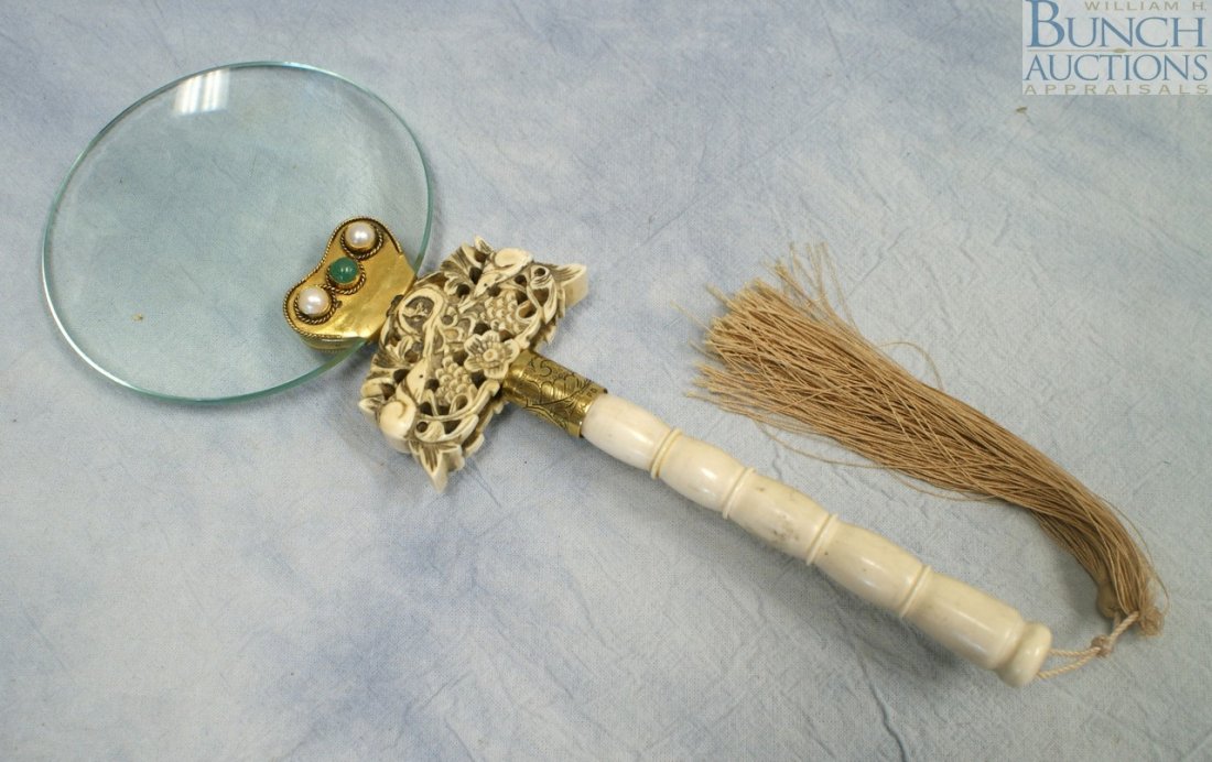 Chinese magnifying glass with handle of carved i: Chinese magnifying glass with handle of carved ivory, gilt metal, green stone and pearl, overall length approximately 9 1/4", sold subject to ivory export/import laws, we will not ship any ivory to Ca