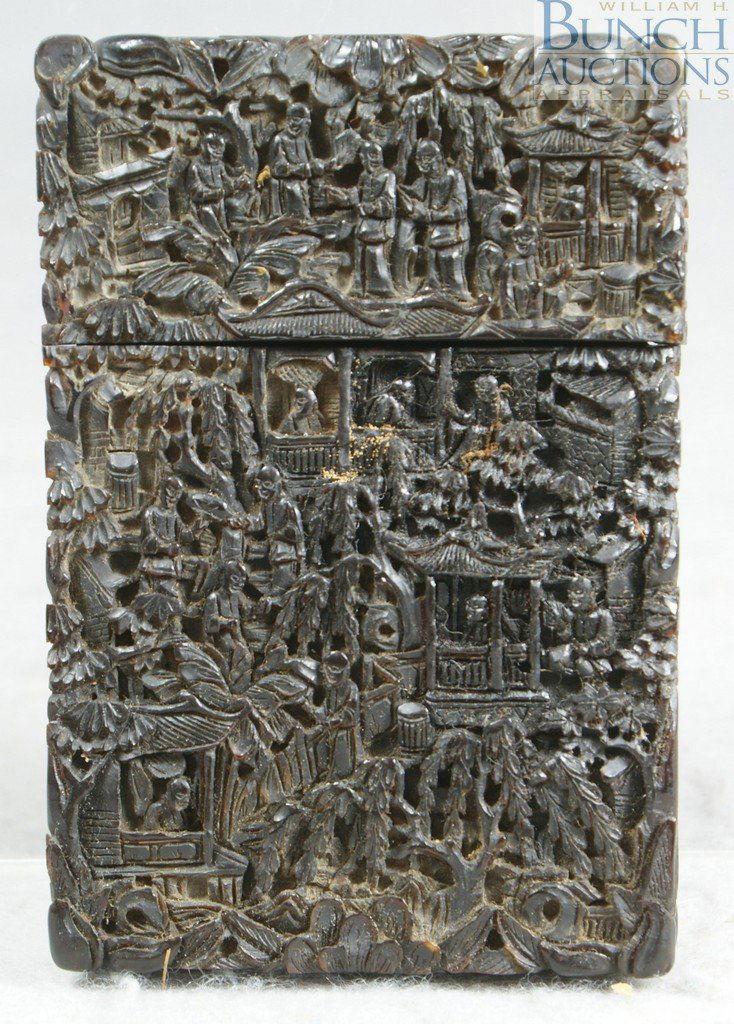 Chinese export carved tortoise shell card case,: Chinese export carved tortoise shell card case, heavily carved with pavilions, people, etc. Minor split at top, small triangular area of damage inside case.