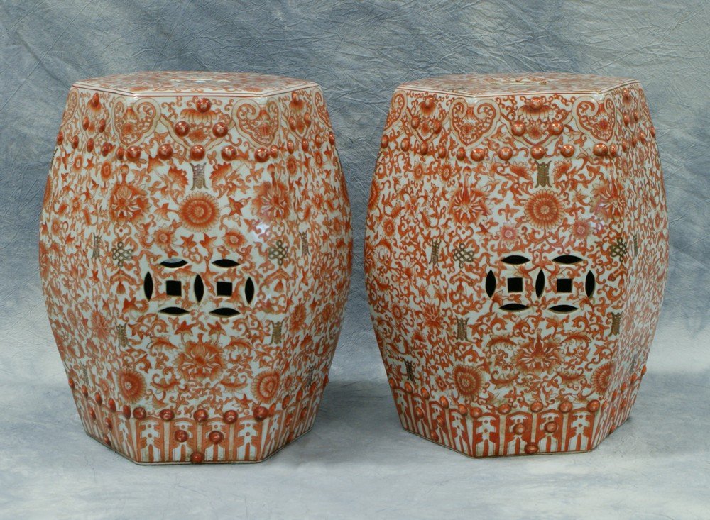 Pair of Chinese Porcelain 6 sided garden seats,: Pair of Chinese Porcelain 6 sided garden seats, 18-1/2" high, Top of 1 has approx. 3" hairline. Enamel wear to "buttons", bosses are not chipped, only enamel-worn.