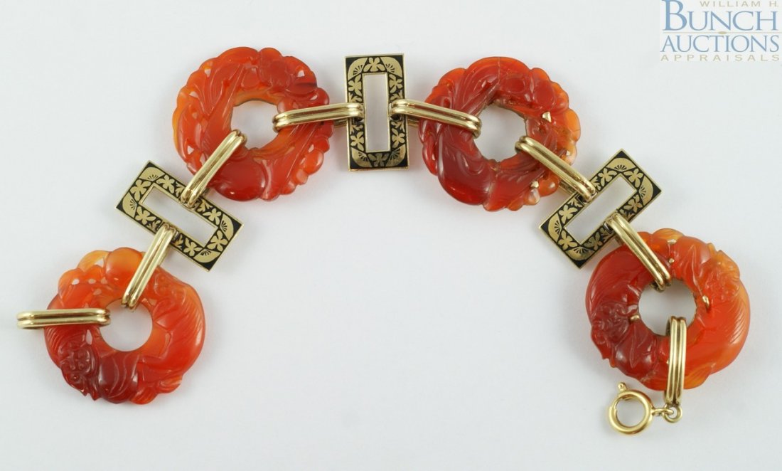 14K YG & carved carnelian link bracelet, 7 1/2" : 14K YG & carved carnelian link bracelet, 7 1/2" l, 1 1/8" d links