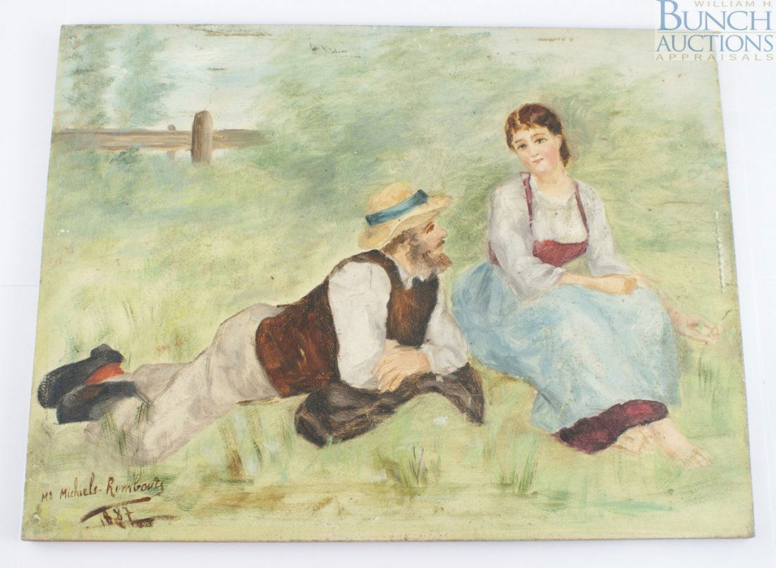 Michiels Rombouts, 19th c, Continental, oil on ch: Michiels Rombouts, 19th c, Continental, oil on chamfered mahogany panel, Couple in a Field, signed and dated 1887 lower left, 8 1/4" x 10 5/8"