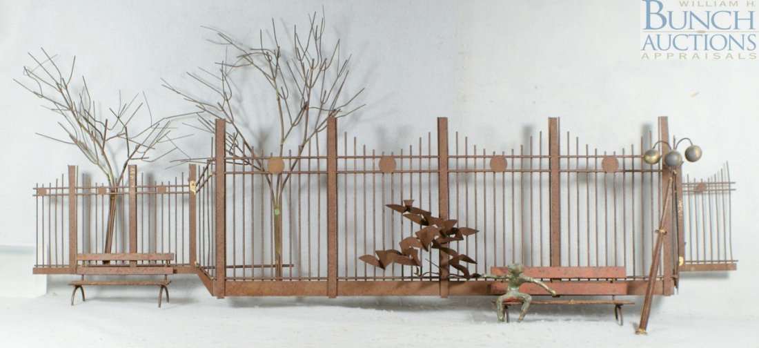 Attributed to Curtis Jere, metal wall sculpture,: Attributed to Curtis Jere, metal wall sculpture, Boy on Park Bench in Front of Fence, even surface rust, 48" w x 20" h