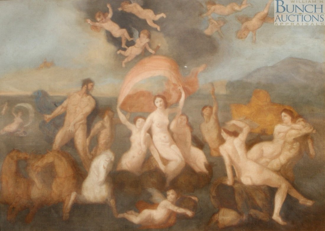 Continental School, 19th/20th c, Diana and her N: Continental School, 19th/20th c, Diana and her Nymphs with 2 Fauns and Team of 3 Horses, unsigned, 37" x 49", nice gilt frame