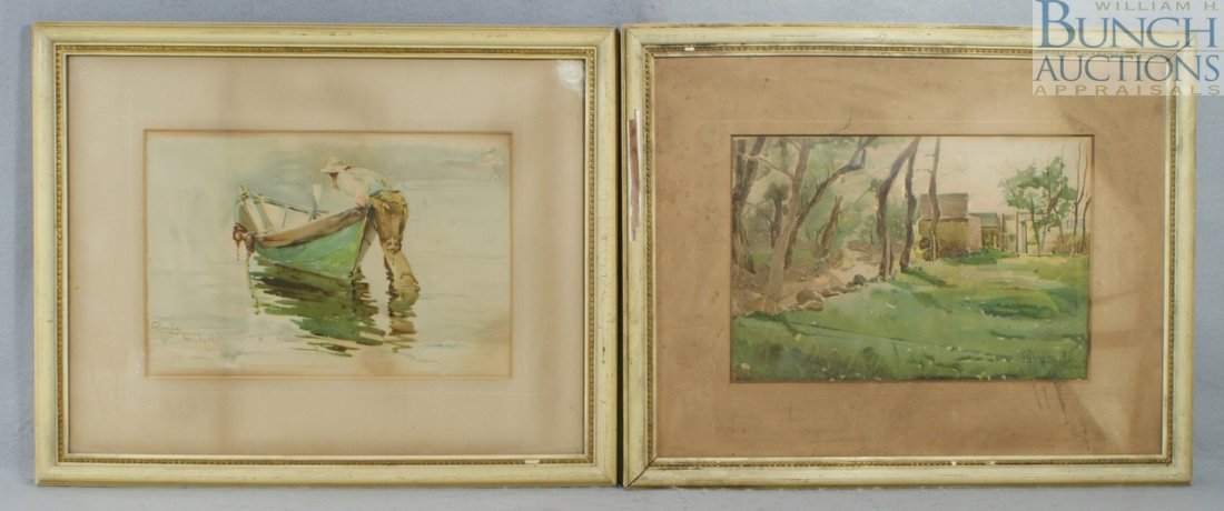 Rhoda Carleton Holmes Nicholls, UK/NY, 1854-1930: Rhoda Carleton Holmes Nicholls, UK/NY, 1854-1930, (2) w/c, Man with Boat, Landscape, both 9 1/4" x 14" sight size, both with mat burn and browning