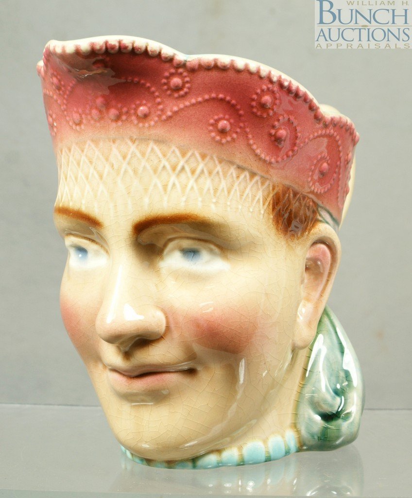 Sarraguemines pottery face pitcher of young man,: Sarraguemines pottery face pitcher of young man, turquoise interior, excellent condition, 7 1/2" tall