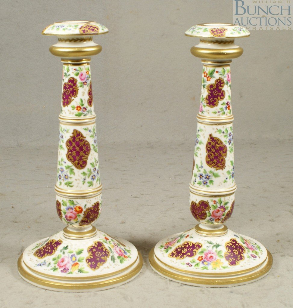 Pr Jacob Petit porcelain candlesticks w/HP gilt: Pr Jacob Petit porcelain candlesticks w/HP gilt & floral decoration, 10 1/2" tall