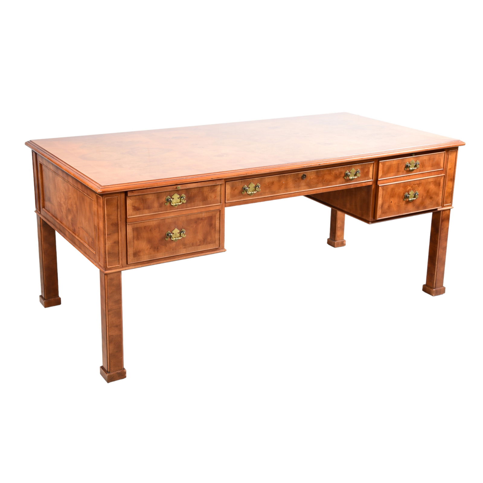 John Widdicomb Burled walnut executive desk: John Widdicomb Burled walnut executive desk, single drawer flanked by two pull out slides over two drawers, paneled sides and back, pull out slide at back, 31"h x 73"w x 36"d, light wear at bottom of