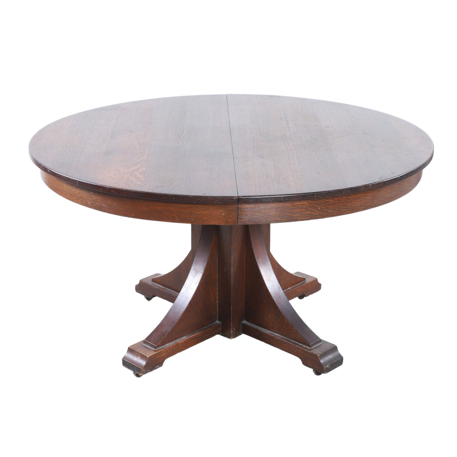 Stickley Arts and Crafts oak dining table: Stickley Arts and Crafts oak dining table, round top, on pedestal base, 30"h x 54"diameter, two 17"w boards