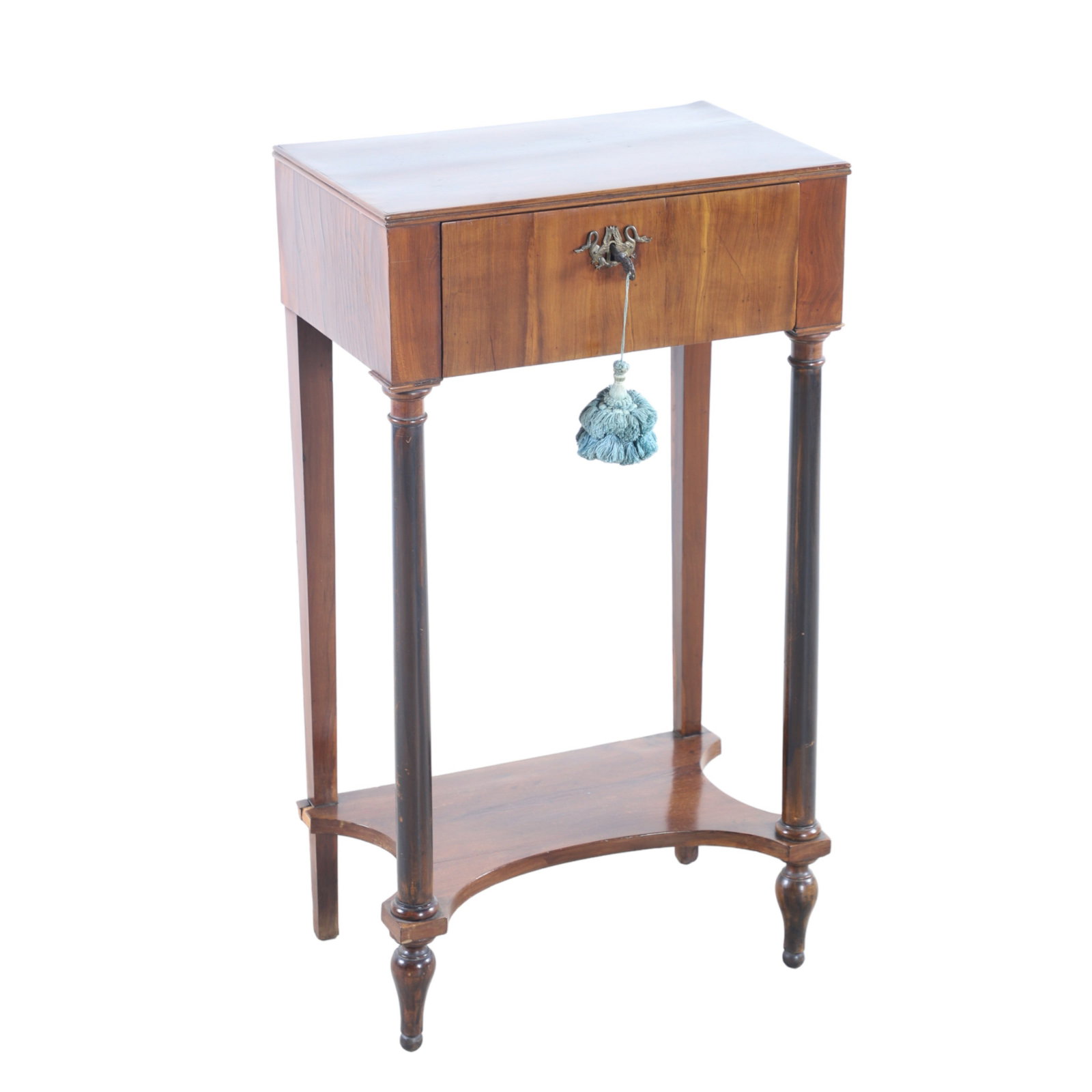 Regency style mahogany one drawer 2-tier side table: Regency style mahogany one drawer 2-tier side table, shaped lower shelf, 36"h x 20"w x 12-1/2"d, some veneer damage, hardware needs tightened