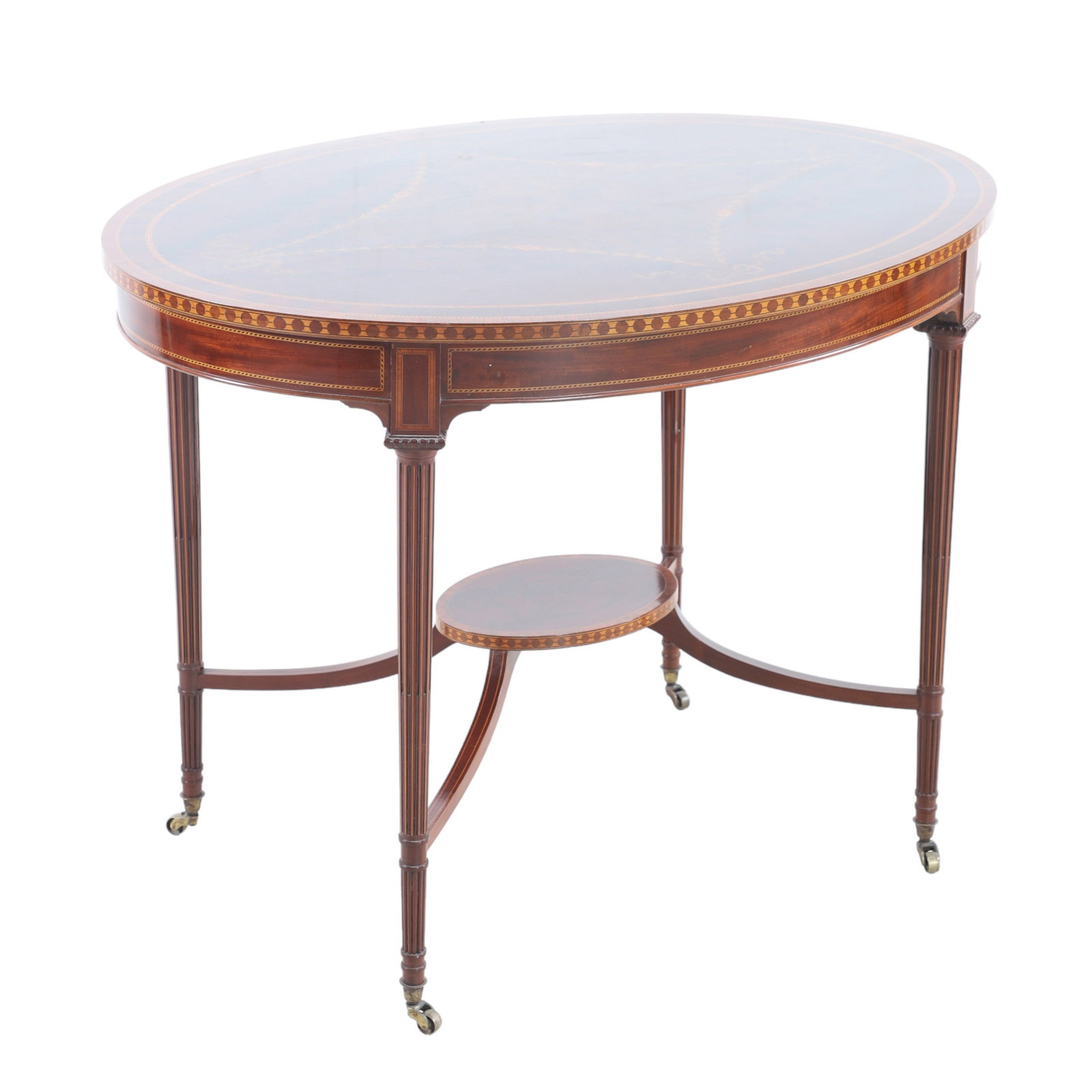 Louis XVI style mahogany inlaid center table: Louis XVI style mahogany inlaid center table, banded inlaid top with bow and bellflower decoration on top, tapered reeded legs, with lower center shelf, 30-1/2"h x 40-1/2"w x 30"d, some veneer damage