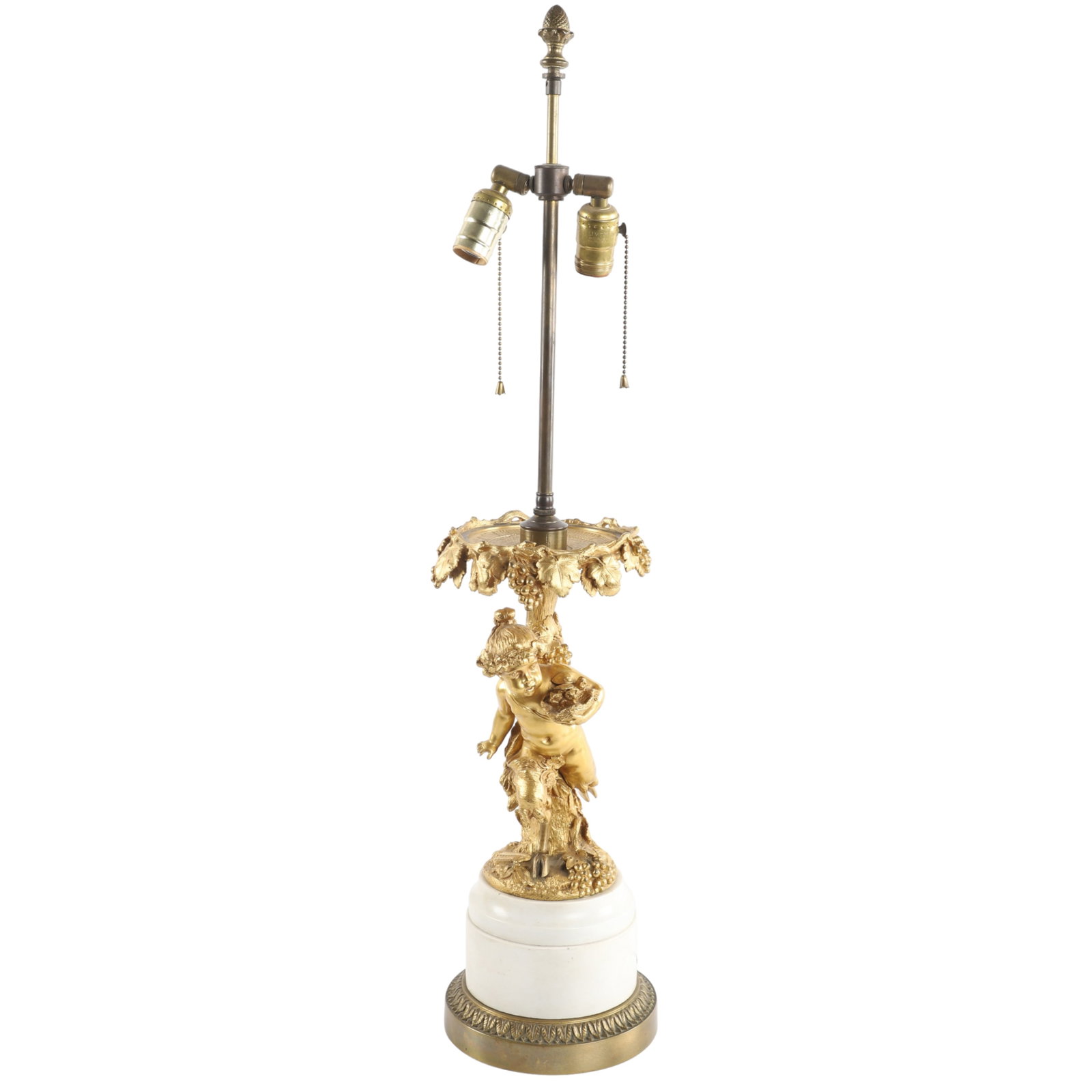 Marble Raised Gilt Bronze Lamp of a Satyr: Marble Raised Gilt Bronze Lamp of a Satyr, a white marble plinth base supports a gilt bronze depiction of a young satyr, a nest of birds in his hand, as he runs against a grape and vine laden base and