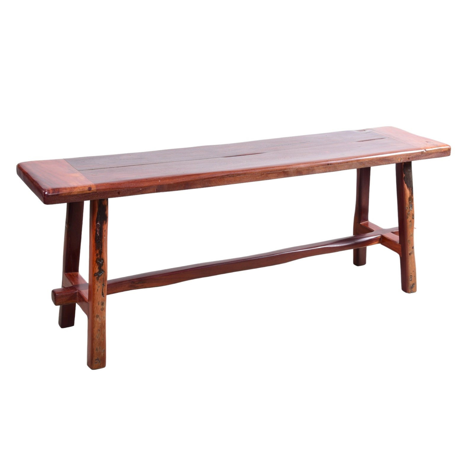 Walnut carved console table: Walnut carved console table, two board top with breadboard ends, pinned top, through and tenon stretcher base, 29"h x 99"w x 21"d