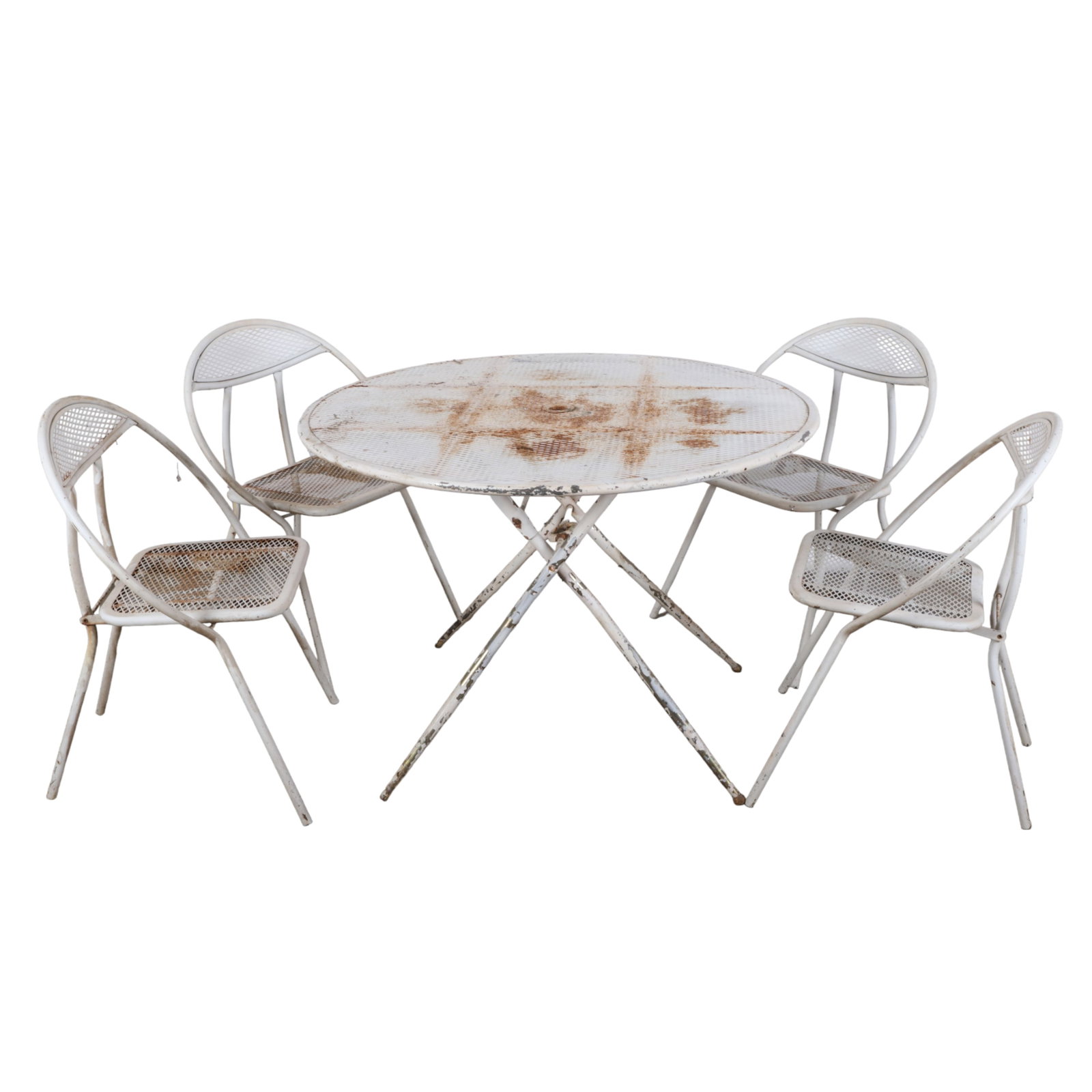 5 piece MCM Salterini patio set: 5 piece Salterini patio set, c/o 4 folding hoop patio chairs by Rid-Jid, matching folding round patio table with umbrella hole and support, table 30"H x 42" dia, chairs 31"H x 24"W x 18"D, wear consis