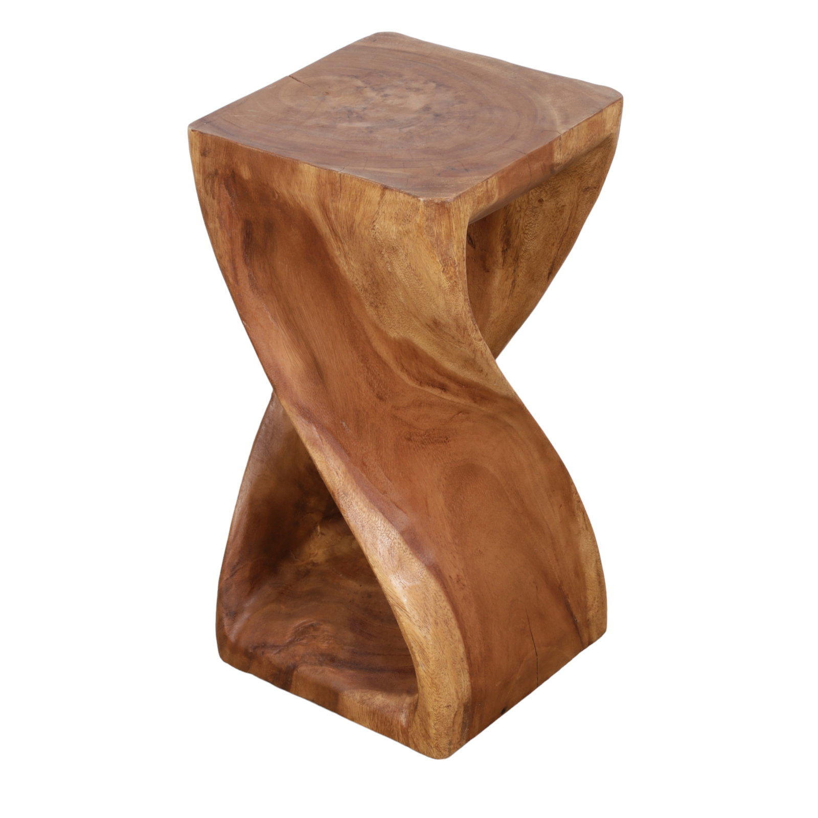Wood twist accent stool: Wood twist accent stool, 23"H x 12"Sq, very clean, no chips, no finish, one small split in the side of the top