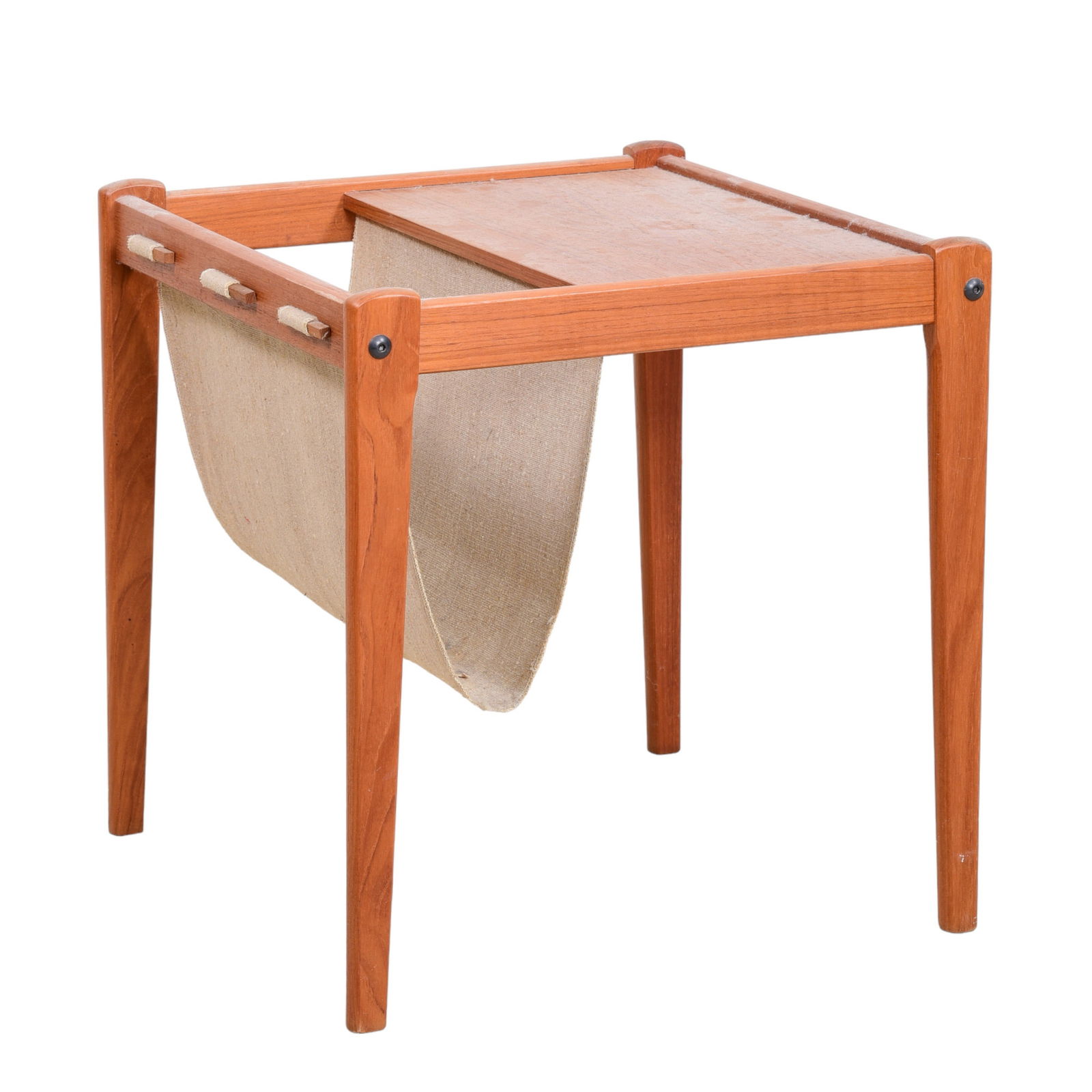 Brdr Furbo Danish Modern teak magazine rack/side table: Brdr Furbo Danish Modern teak magazine rack/side table, cloth magazine holder, 18-1/2"h x 18"w x 17"d
