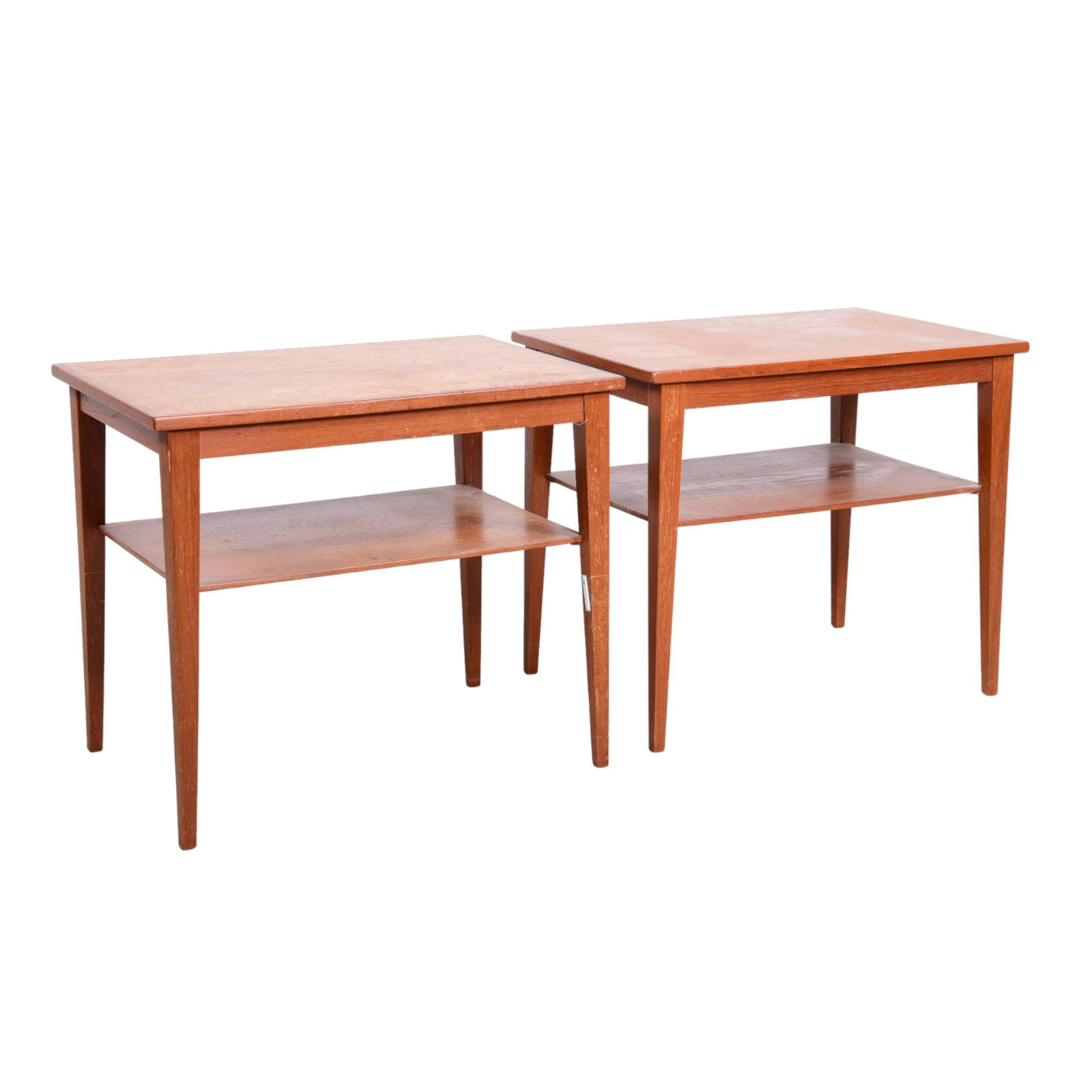 Pair Kvalitet Function Form Danish Modern 2-tier side tables: Pair Kvalitet Function Form Danish Modern 2-tier side tables, tapered legs, lower shelf, 21"h x 25"w x 16"d, watermarks to top