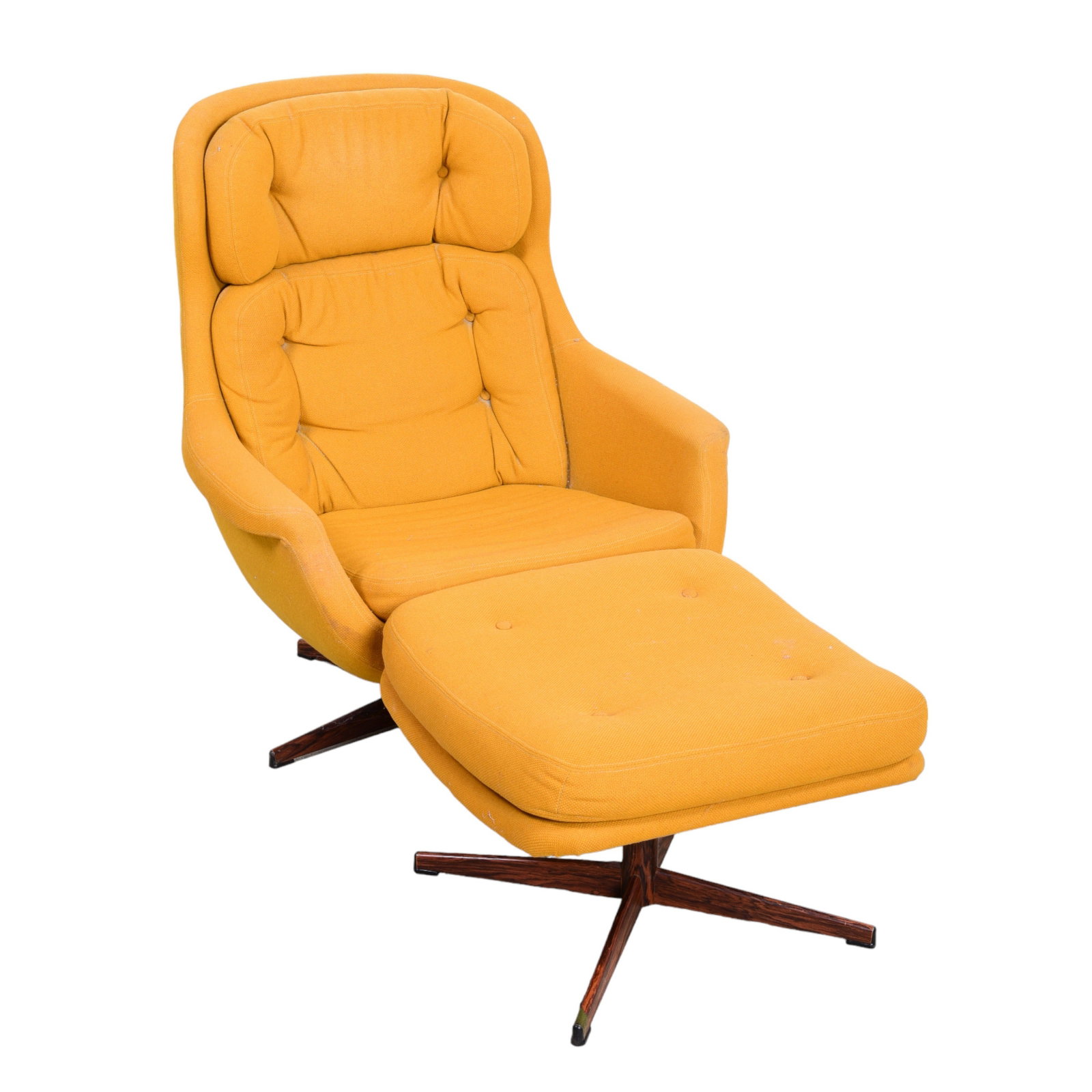 Modern Design upholstered swivel lounge chair w/ ottoman: Modern Design upholstered swivel lounge chair w/ ottoman, mustard yellow upholstery, rosewood laminate metal swivel base, 37"h x 31"w x 28"d