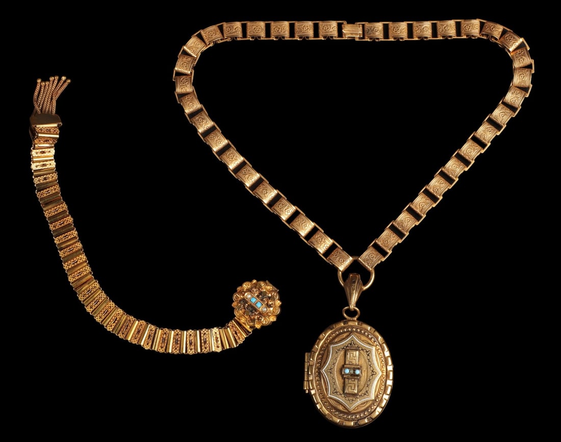 Victorian Bookchain Locket Necklace and Bracelet: Victorian bookchain locket necklace and bracelet, gold filled, a floral chased chain with gold tone, black enamel and turquoise glass bead set locket pendant, 17" chain, 22" including locket drop, loc