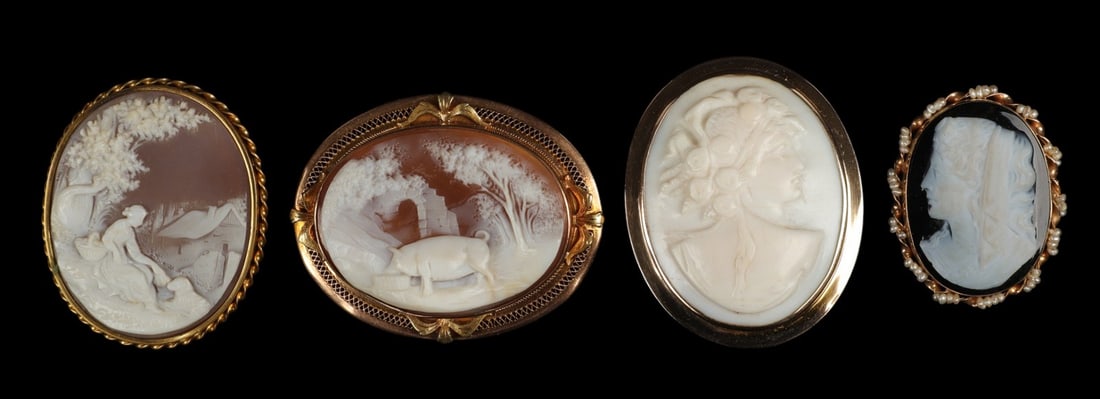 (4) Gold Framed Figural and Animal Cameos: (4) Gold framed figural and animal cameos to include a 10K testing profile cameo brooch of a woman with a large floral hat,1 7/8"H x 1 1/2"W, a 14K yellow gold cameo pin/pendant in seed pearl strung t