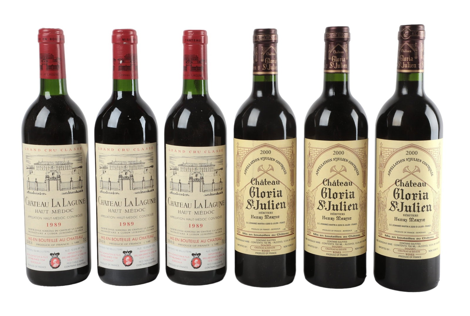 (6) La Lagune & Gloria St. Julien: (6) La Lagune & Gloria St. Julien to include (3) 1989 Chateau La Lagune, Haut-Medoc, RP 90 and (3) 2000 Chateau Gloria St. Julien, RP 90, 750 ml The wine offered in this sale is the single owner colle