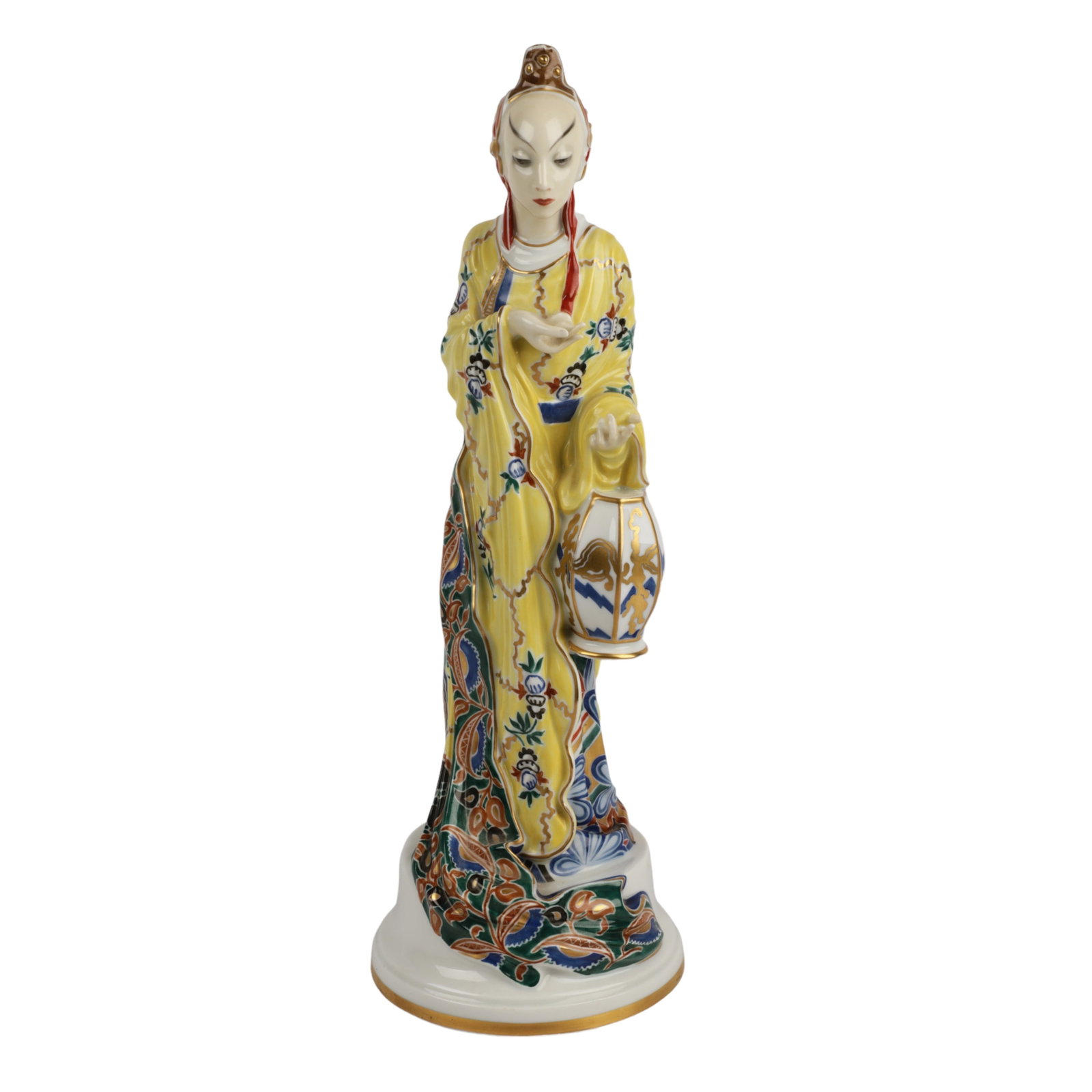 Rosenthal Art Deco Porcelain Chinese Woman Figure: Rosenthal Art Deco porcelain figurine, stylized art deco figure of an Chinese woman in a long flowing robe holding a lantern, gilt accents, designed by Constantin Holzer-Defanti (1881-1951), 1929 50th