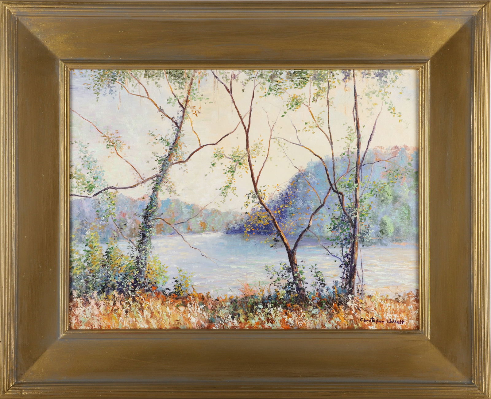 Christopher G Willett "Morning Light": Christopher G Willett (American, b 1959) Bucks County, PA, artist, "Morning Light Along the Delaware, Upper Black Eddy", oil on canvas, signed "Christopher Willett", signed and titled on reverse, 18"