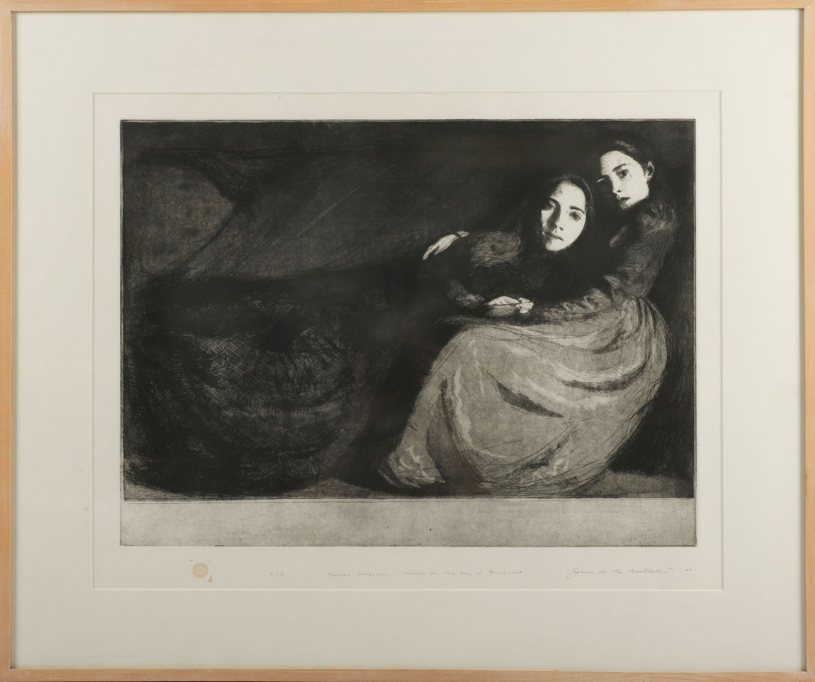 Bo Bartlett Etching "Sunday Afternoon": Bo Bartlett (American, b 1955) etching "Sunday Afternoon", etching on paper, signed "James W. B. Bartlett '84", bears artist's red IGN stamp, edition 2/5, 17-3/4" x 23-3/4" plate, framed 28-1/8" x 33-