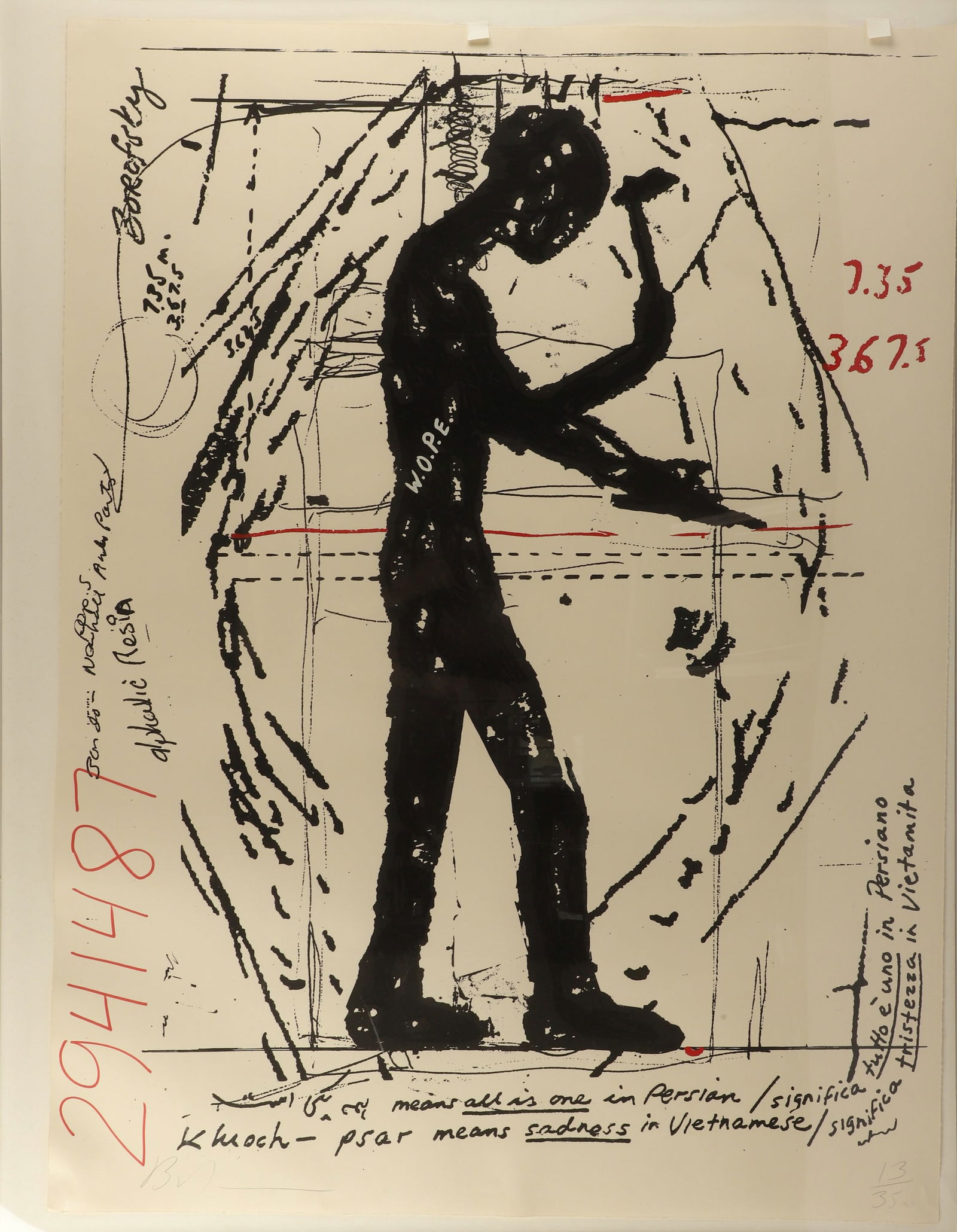 Jonathan Borofsky "Workers on Planet Earth": Jonathan Barofsky (American, b 1942) "Workers on Planet Earth", large format edition, silkscreen on paper, pencil signed "Borofsky", edition13/35, 54" x 44-1/4" sheet, framed 57" x 43-1/2", this image