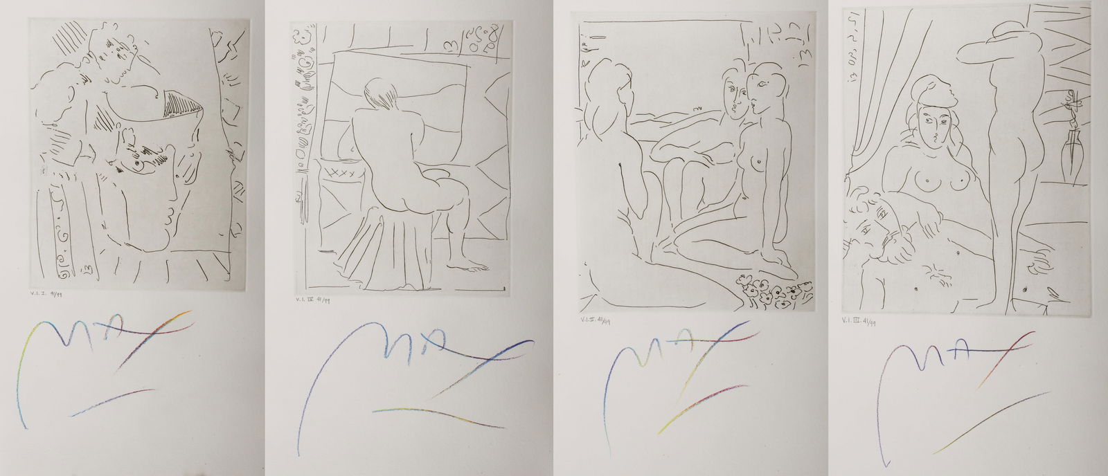 Peter Max "Homage to Picasso": Peter Max (American, b 1937) "Homage to Picasso", V. I plates I, II, III, and IV, etching on paper, signed "Max" in multicolored pencil, edition 41/99, Peter Max 1981 blindstamp, 9-3/4" x 9-7/8" plate