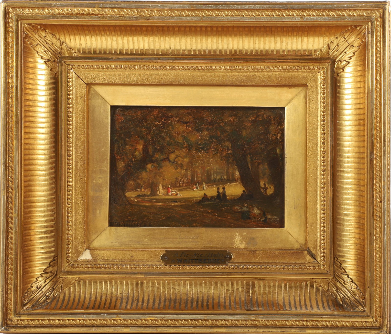 Thomas Worthington Whittredge "A Pic-Nic, Italy": Thomas Worthington Whittredge (American, 1820-1910) "A Pic-Nic, Italy", oil on board, signed "W. Whittredge", brass title plate on frame, label on reverse from James S. Earles Gallery, Philadelphia, m