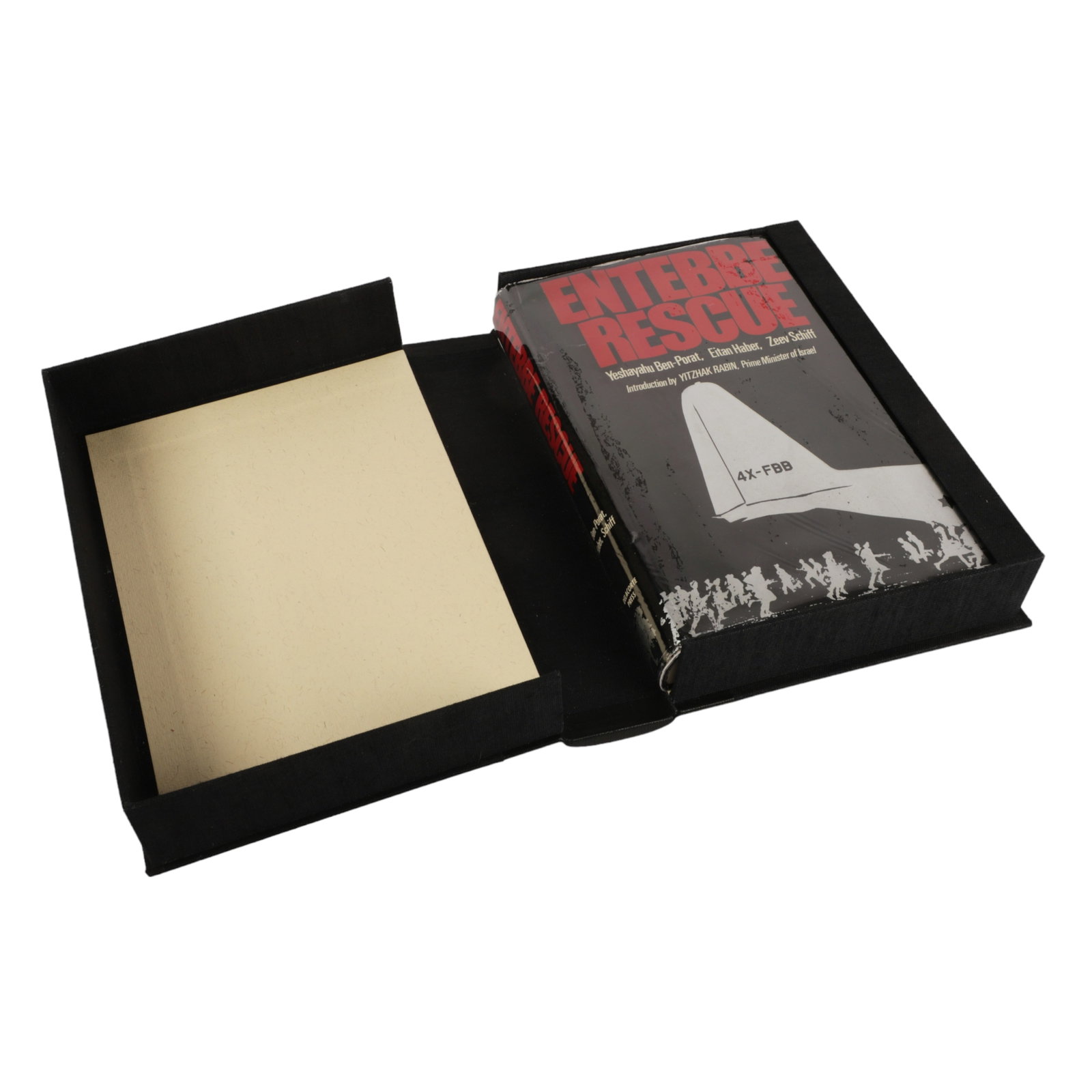 A copy of Entebbe Rescue, signed by Rabin: A copy of Entebbe Rescue by Yeshayahu Ben-Porat, Eitan Haber and Zeev Schiff with introduction by Yitzhak Rabin. Inscribed and signed by Rabin on the half-title. The catalog sheet from Bauman's Rare B