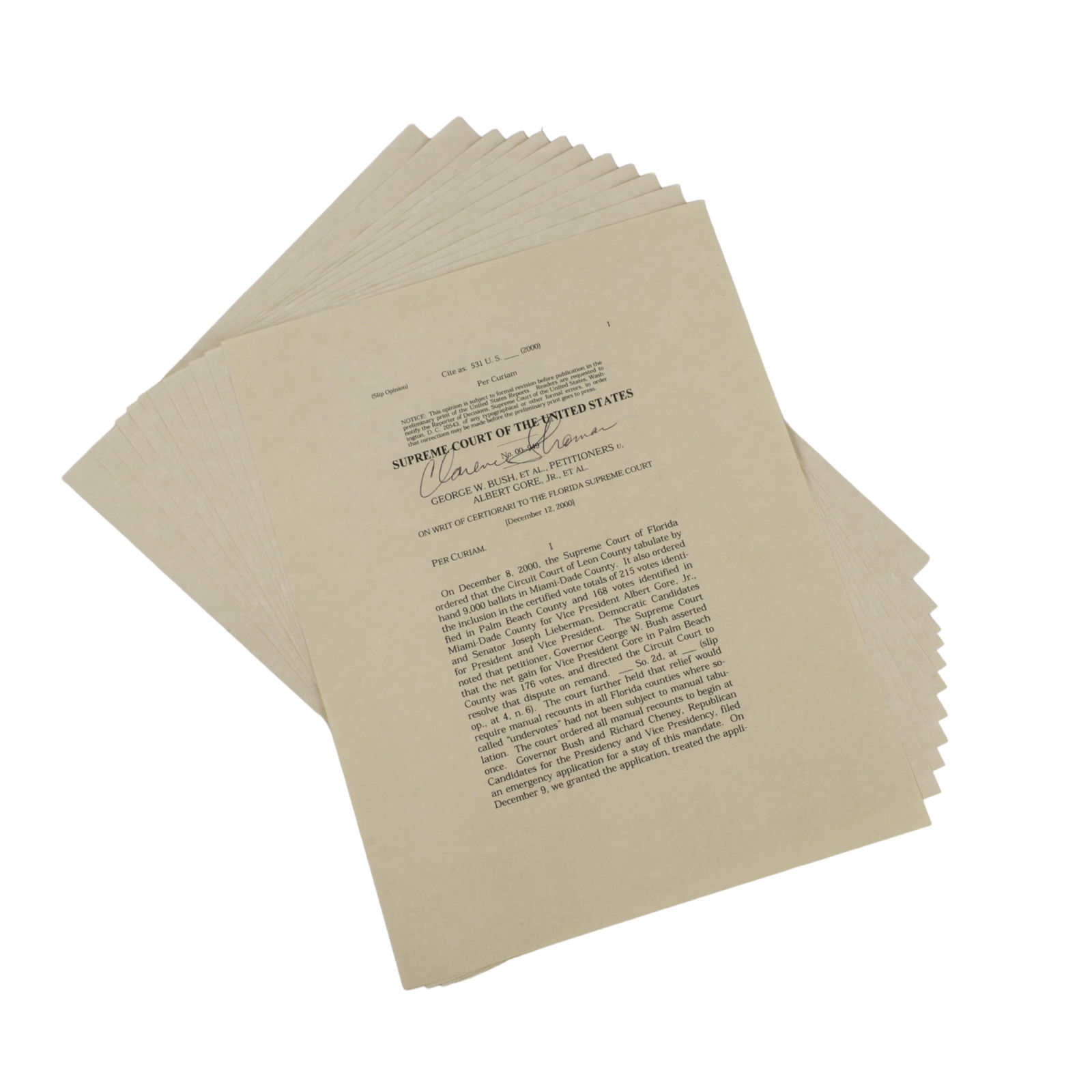 Bush v. Gore decision signed by Clarence Thomas: A copy of the Supreme Court's decision in the famous 2000 election case Bush v. Gore, signed across the front by Justice Clarence Thomas. A printed page of this item's appearance as Lot #130 in Auctio