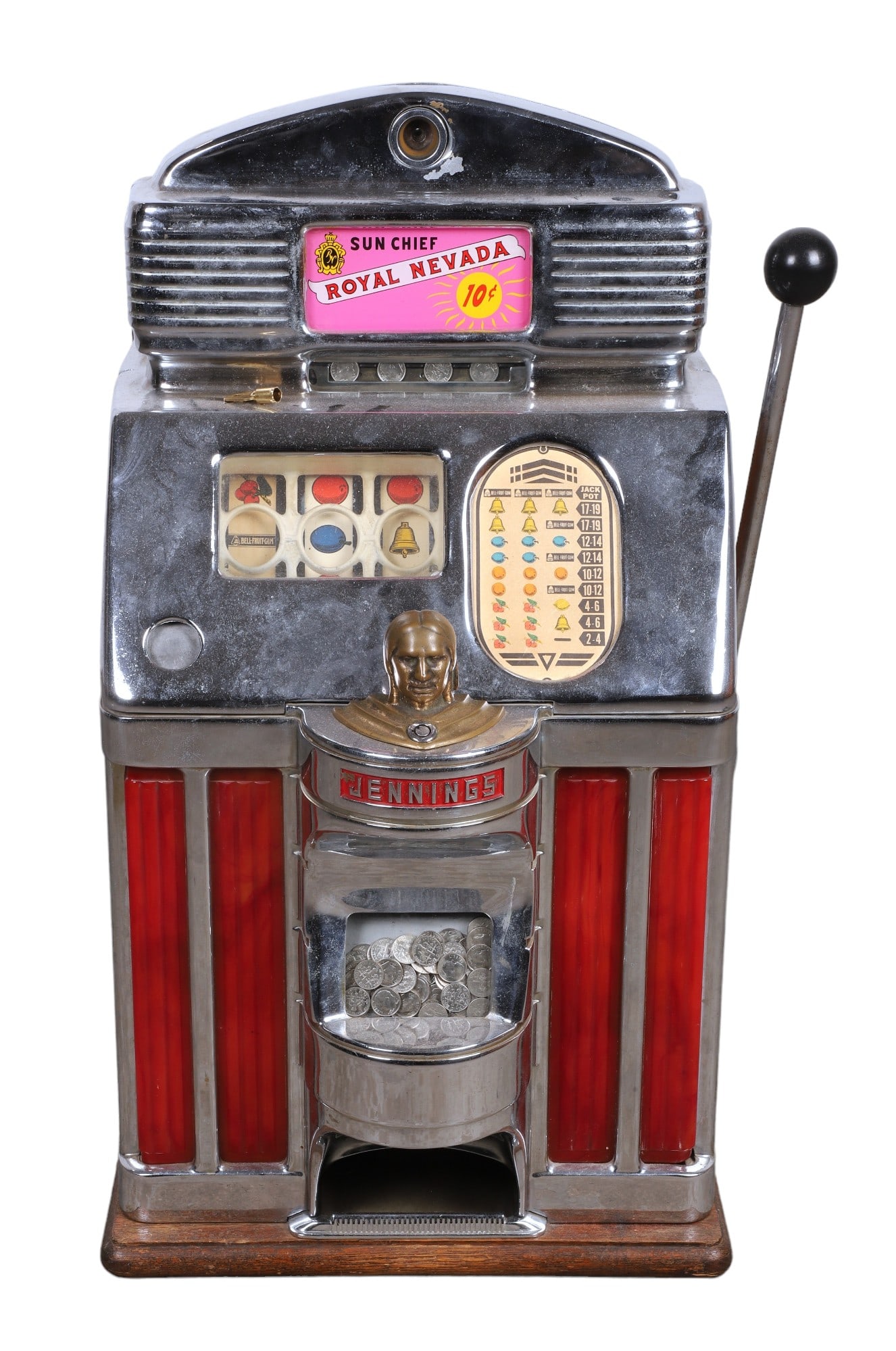 Jennings Sun Chief Slot Machine: Sun Chief 10-cent slot machine, manufactured by the Jennings & Company Chicago Ill, made for the Royal Nevada Hotel, the eighth resort built on the Las Vegas Strip, with key, 15-1/4" sq x 28" h, key o