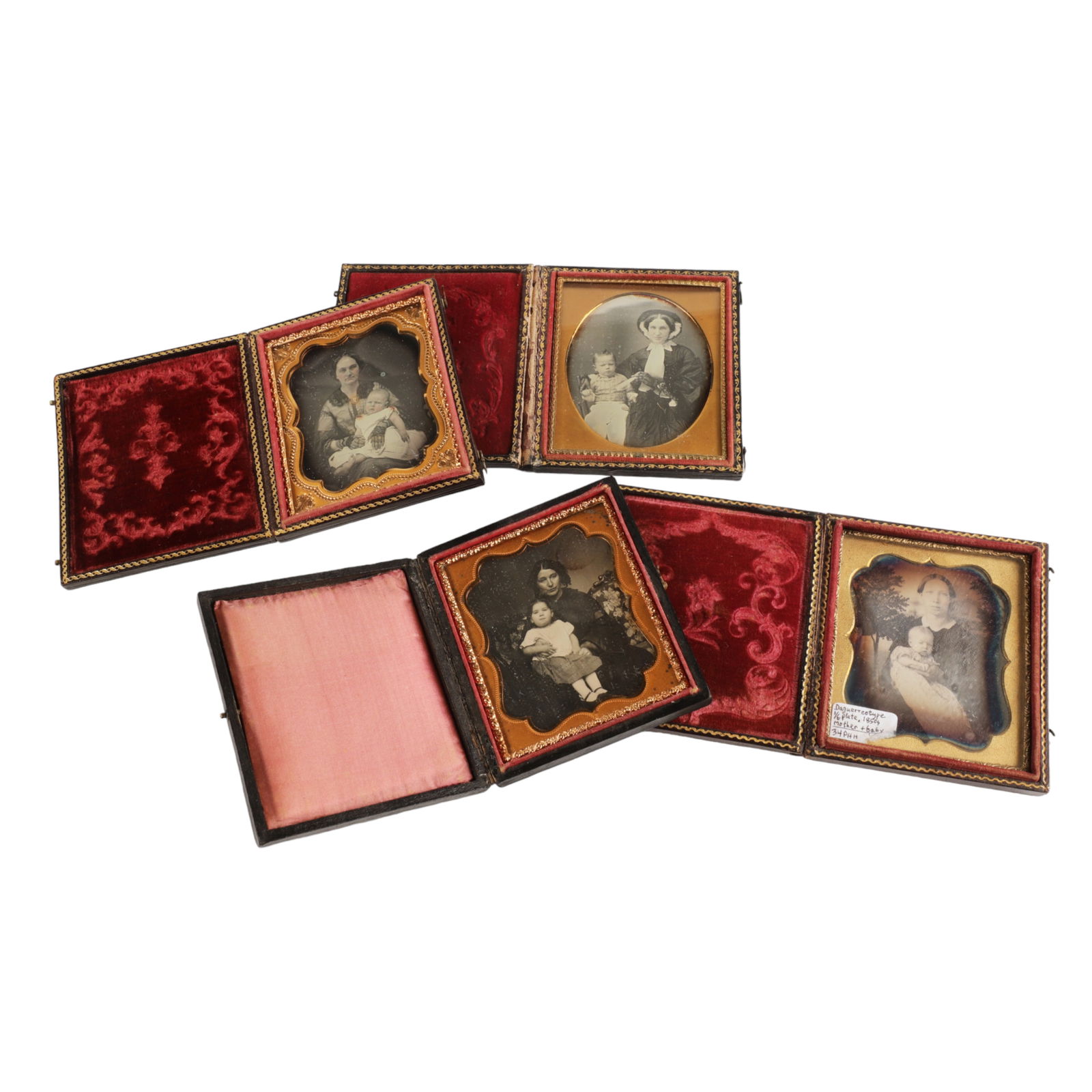 (4) Daguerreotype Photographs in Cases: (4) Daguerreotype photographs in embossed leather cases, 1/6 plate, consisting of mother & baby c 1850s (3-5/8" x 3-1/4"), mother in bonnet & child c 1854 (3-5/8" x 3-1/4"), mother & baby c 1853 (3-3/