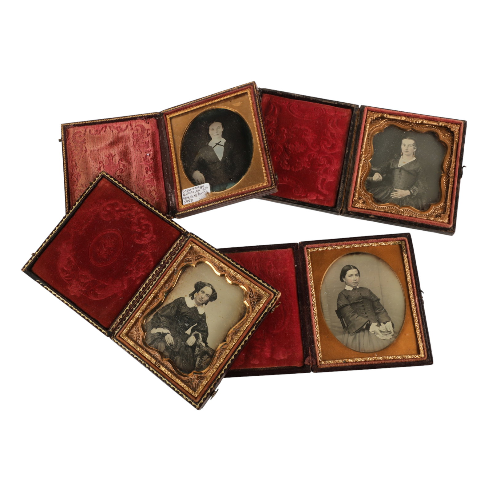 (4) Daguerreotype Photographs in Cases: (4) Daguerreotype photographs in embossed leather cases, 1/6 plate, c 1850, consisting of seated woman with white lace collar (3-3/4" x 3-1/4"), woman with bow tie (3-5/8" x 3-1/8"), woman with ringle