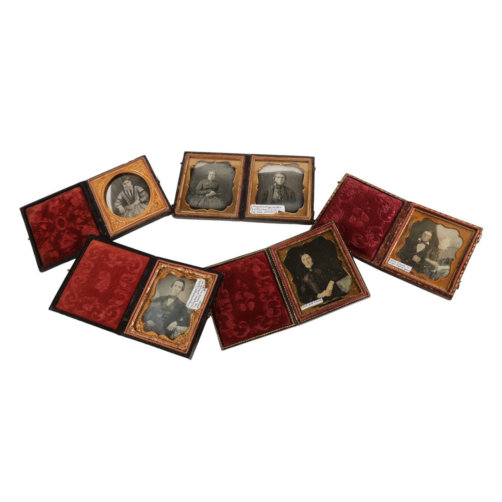 (5) Daguerreotype Photographs in Cases: (5) Daguerreotype photographs in embossed leather cases, 1/6 plate, consisting of young woman with pearls (3-5/8" x 3-1/4"), young man with Greek key fob (3-3/4" x 3-1/4"), woman in black dress by AR 